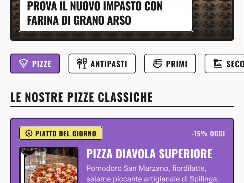 Screenshot dell'interfaccia del menu con categorie e prodotti